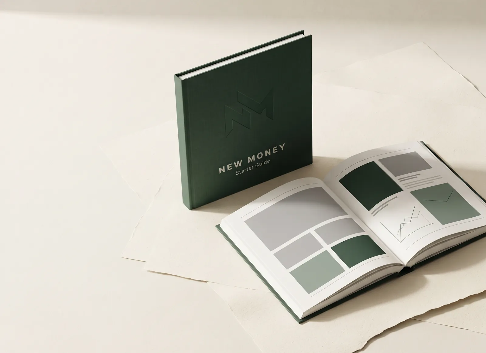 The New Money Starter Guide, bound in forest green, open beside its cover.